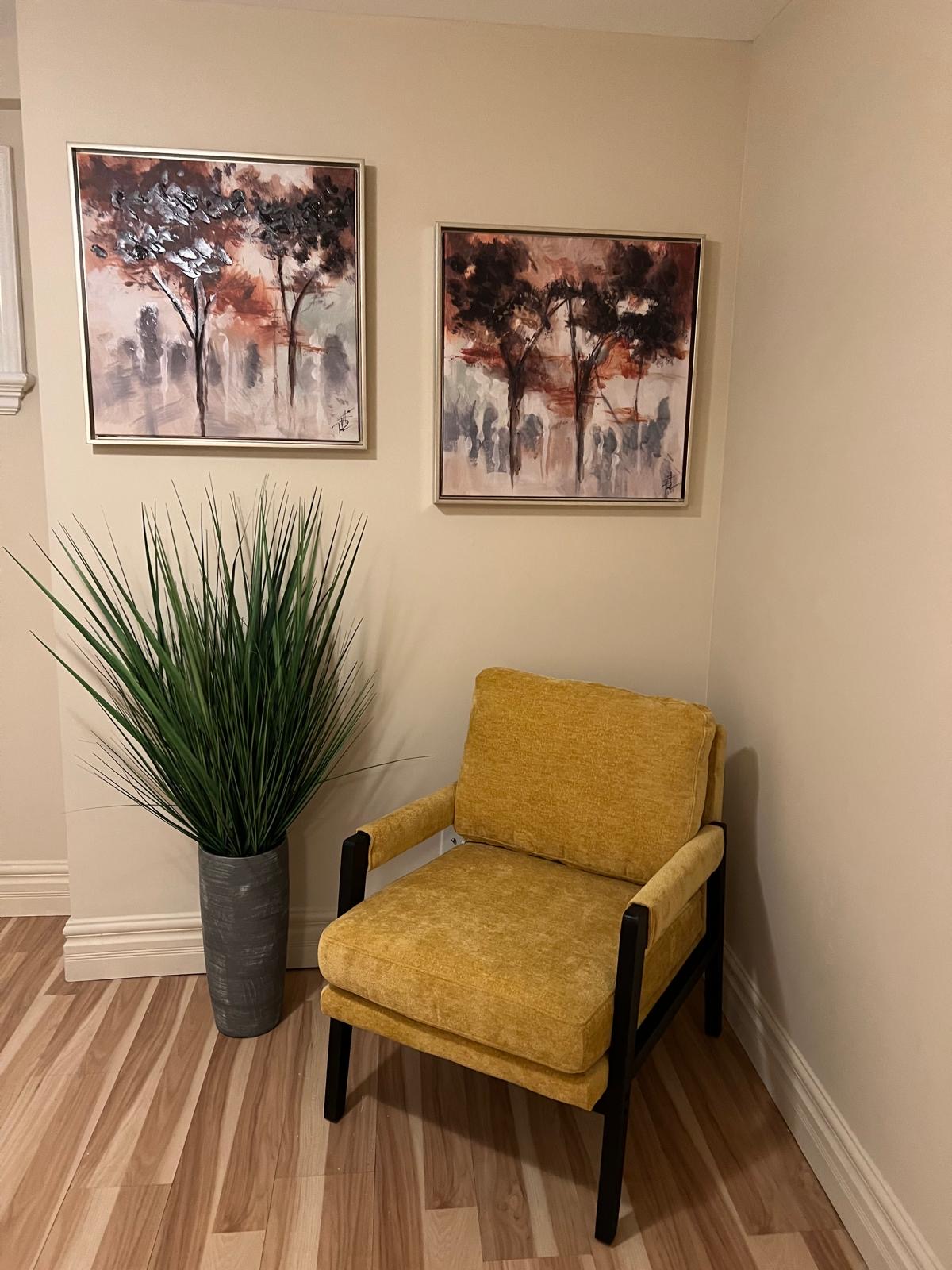 Reading nook with mustard accent chair